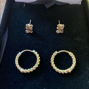 2 for 1: 14k gothic font “R” stud and 10k braided huggies